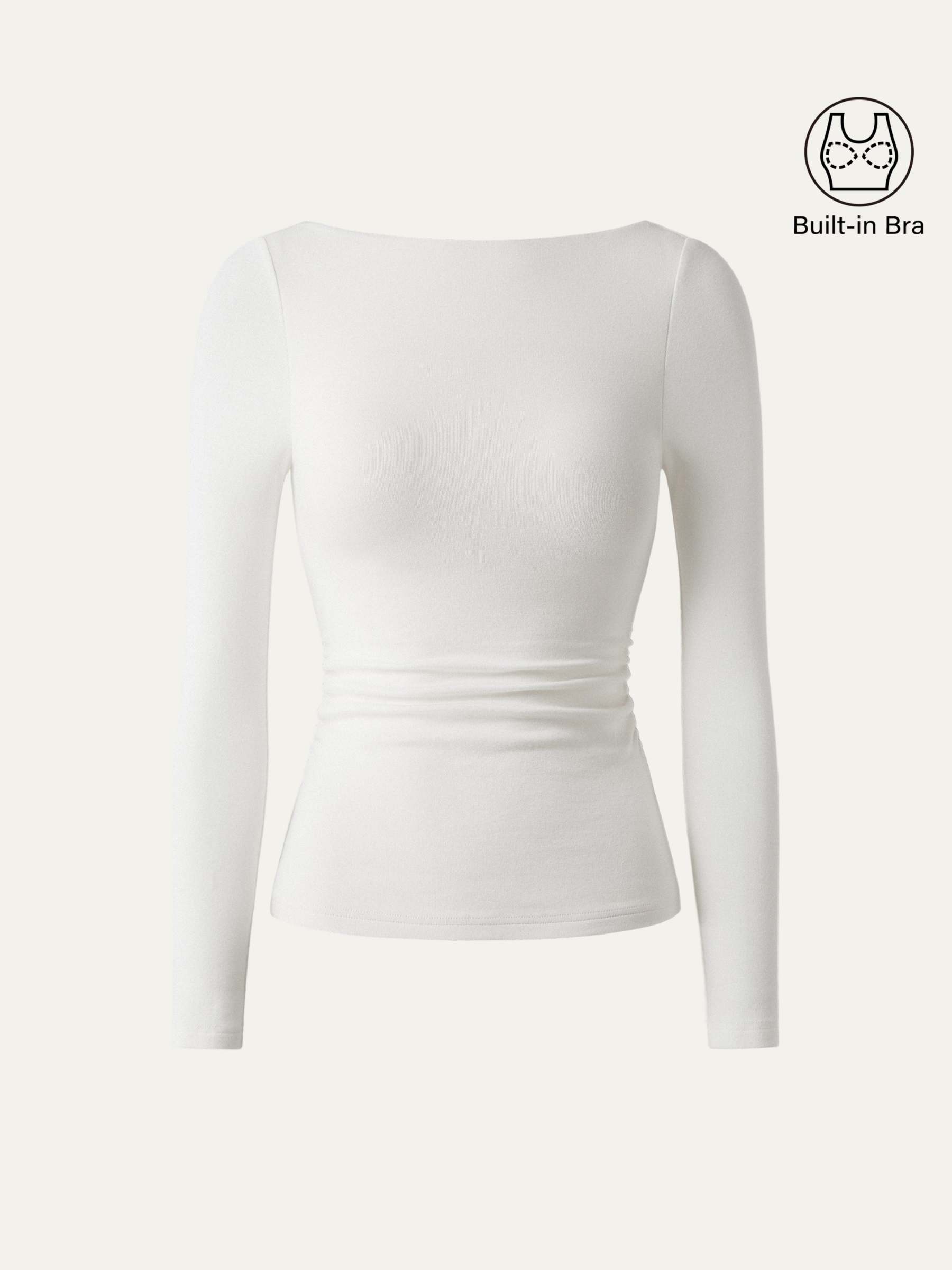 LiteWarm Boatneck Long Sleeve Open-Back Ruched Built-In Bra Top