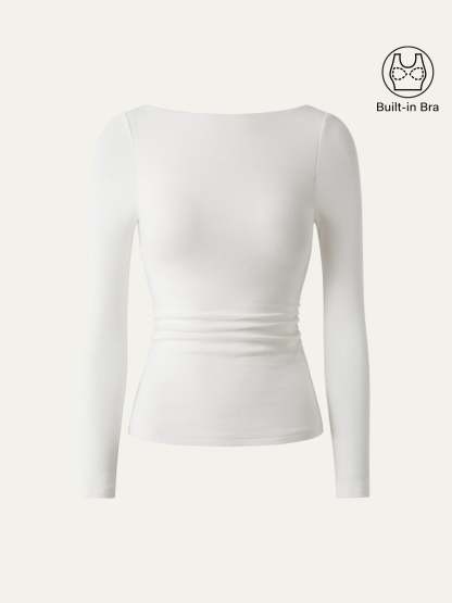 LiteWarm Boatneck Long Sleeve Open-Back Ruched Built-In Bra Top