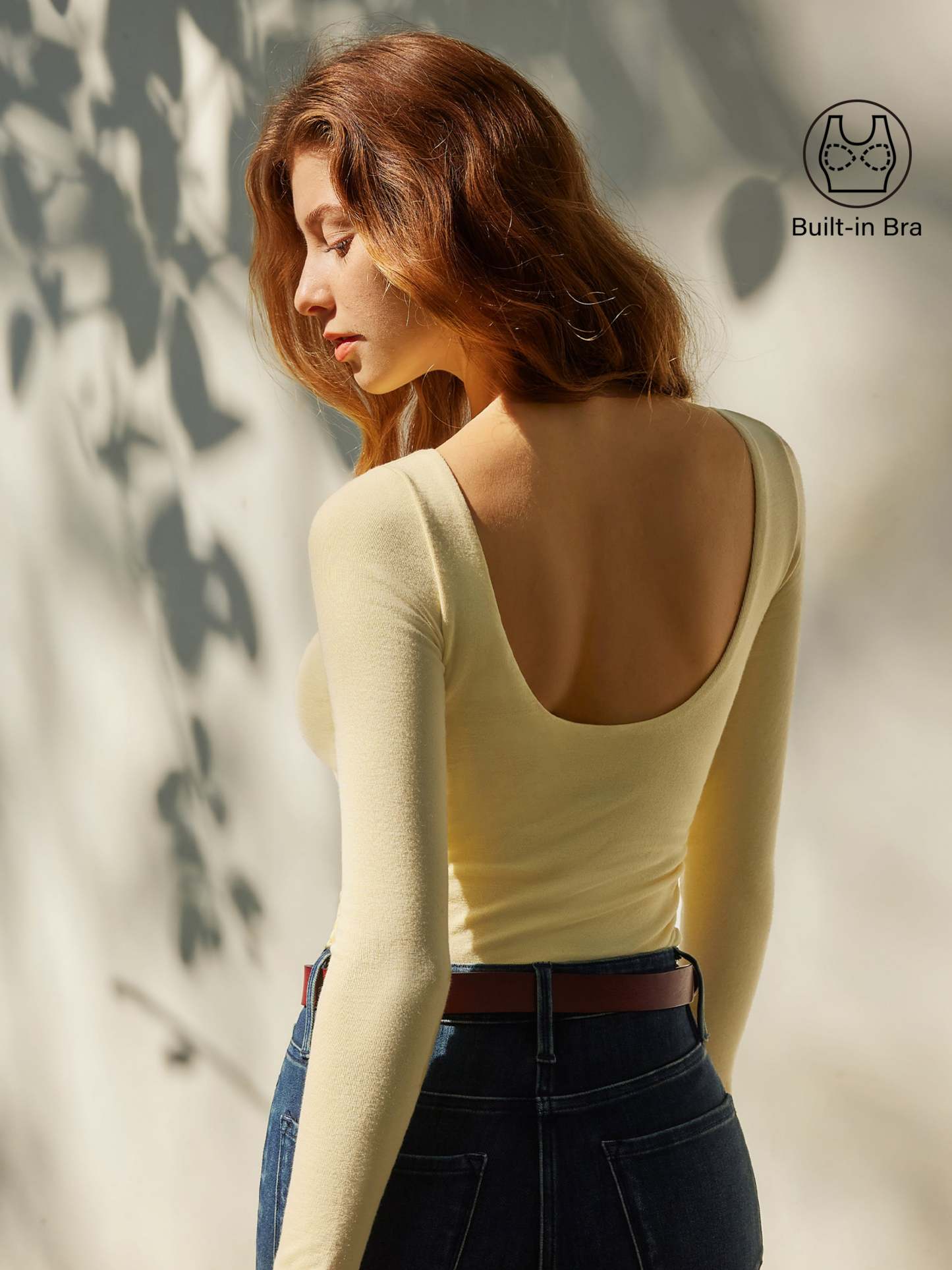 LiteWarm Boatneck Long Sleeve Open-Back Ruched Built-In Bra Top