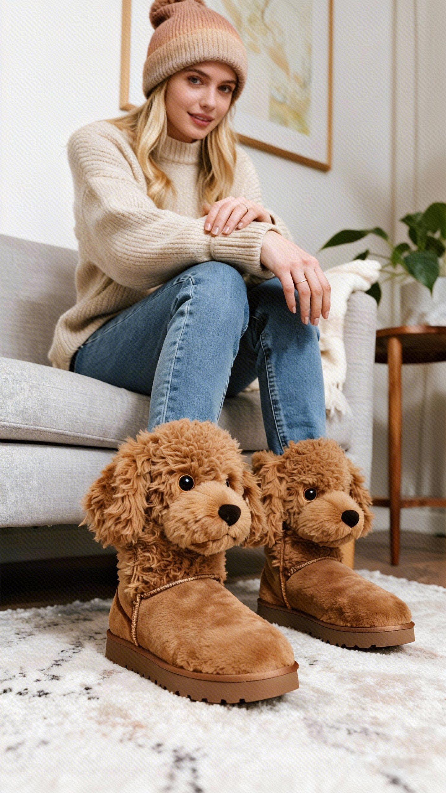 3D Cozy Brown Poodle Plush Snow Boots Fleece-Lined Non-slip Thick-soled Boots