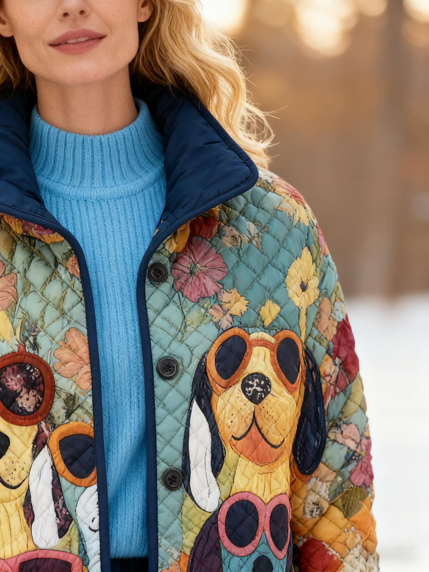 Stylish Sunglasses Dog & Floral Quilted Puffer Jacket Stand-Collar Casual Coat 