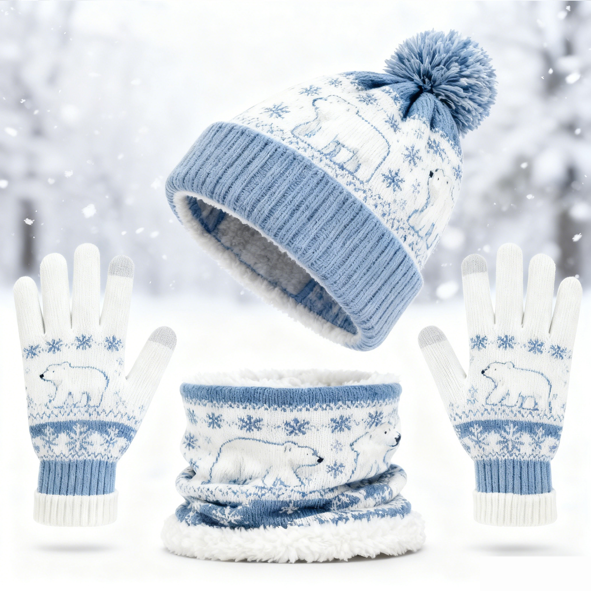 Womens Polar Bear & Snowflake 3pcs Knit Hat Neck Scarf  & Touchscreen Gloves Set Neck Gaiter Fleece Lined Pom Pom Beanie Winter Gift 