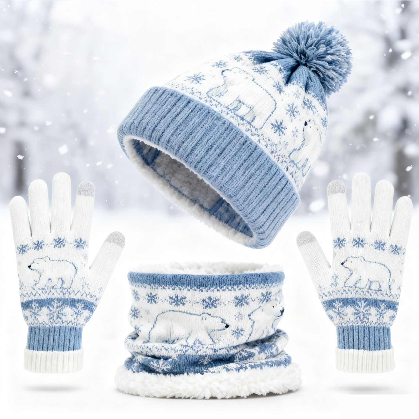 Womens Polar Bear & Snowflake 3pcs Knit Hat Neck Scarf  & Touchscreen Gloves Set Neck Gaiter Fleece Lined Pom Pom Beanie Winter Gift 