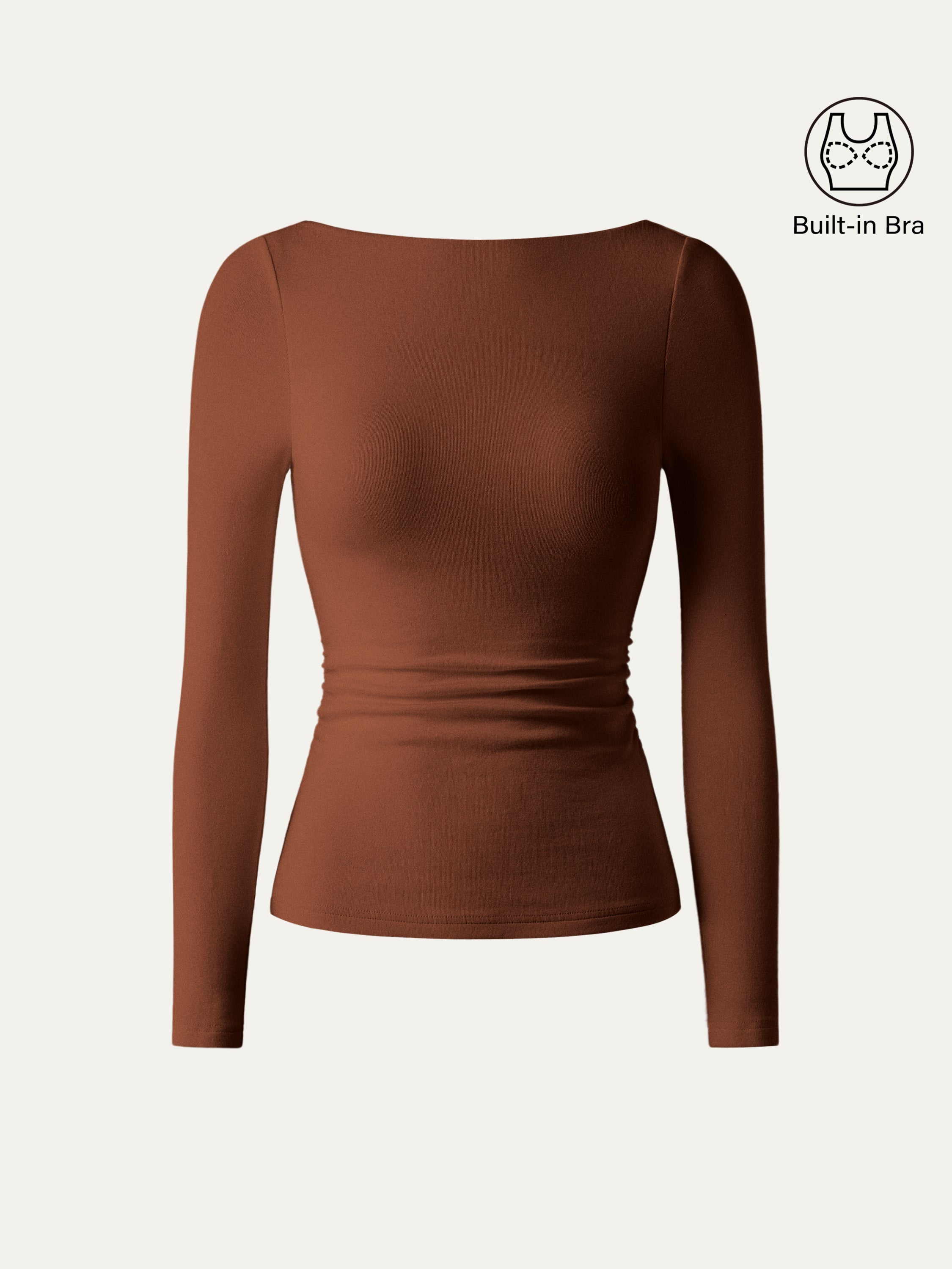 LiteWarm Boatneck Long Sleeve Open-Back Ruched Built-In Bra Top