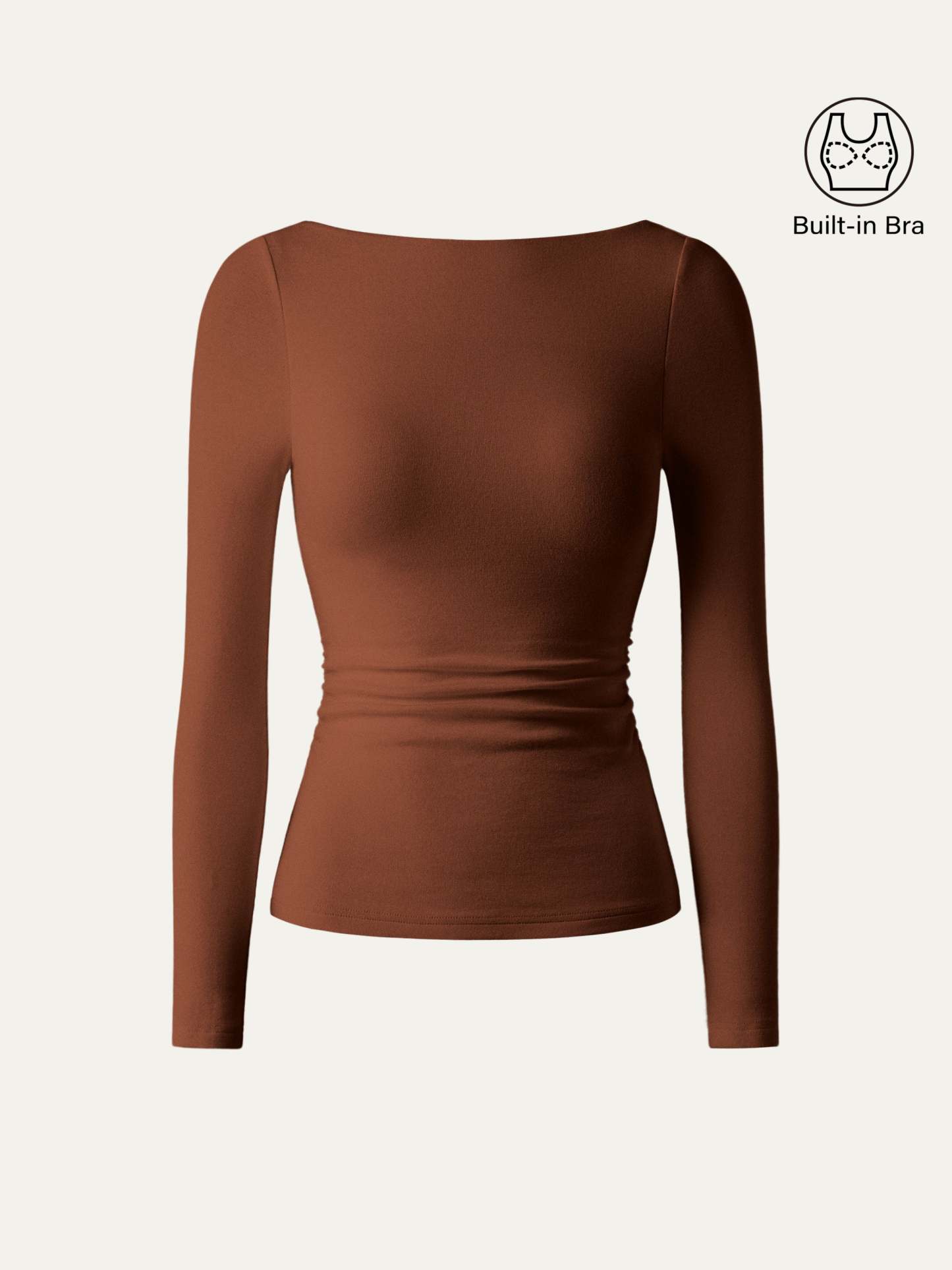 LiteWarm Boatneck Long Sleeve Open-Back Ruched Built-In Bra Top