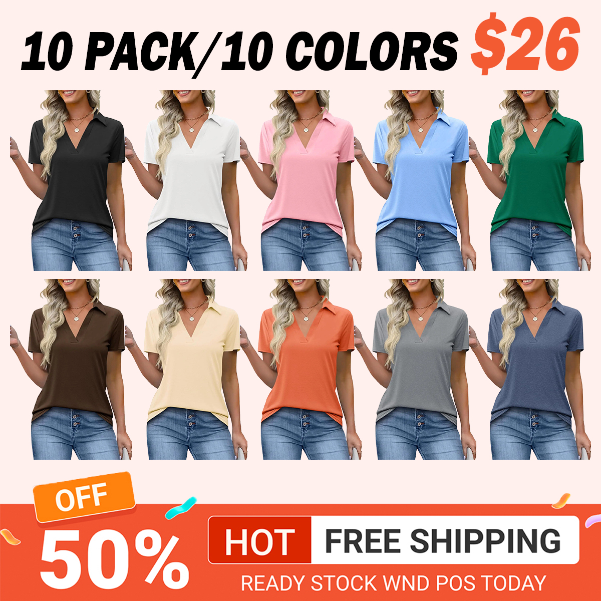 Women's Short-Sleeve Fitted Lightweight V-Neck Polo Shirt
