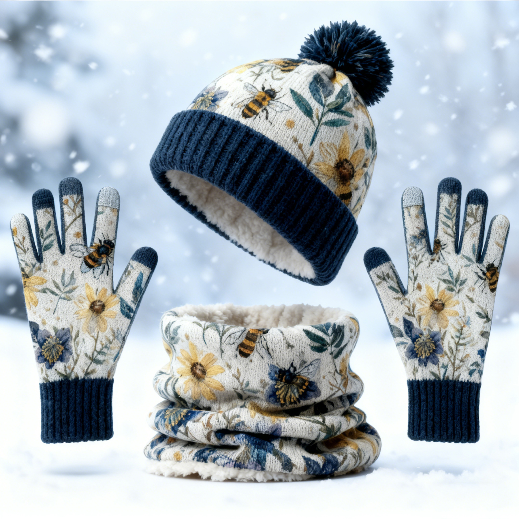 Womens Bee & Sunflower 3pcs Knit Hat Neck Scarf  & Touchscreen Gloves Set Neck Gaiter Fleece Lined Pom Pom Beanie Winter Gift 