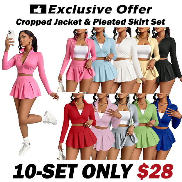Women's Solid Two-Piece Set Cropped Jacket & Pleated Skirt Set