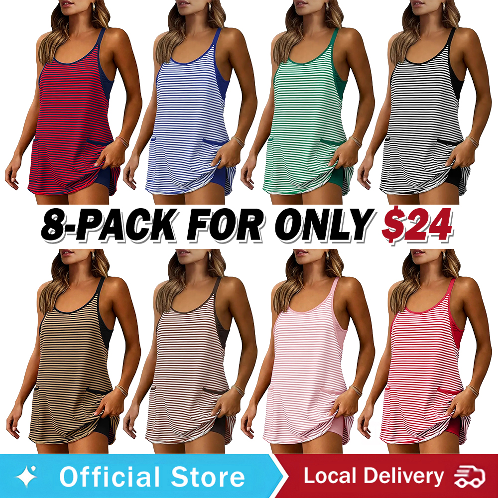 Women's Summer Athletic Mini Dress Sleeveless Built-in Shorts Striped Tennis Workout Dress