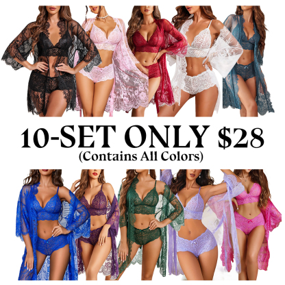 Women's 3-Piece Sheer Lace Sleepwear Set Sexy Lingerie Bra & Panty Lace Robe Set
