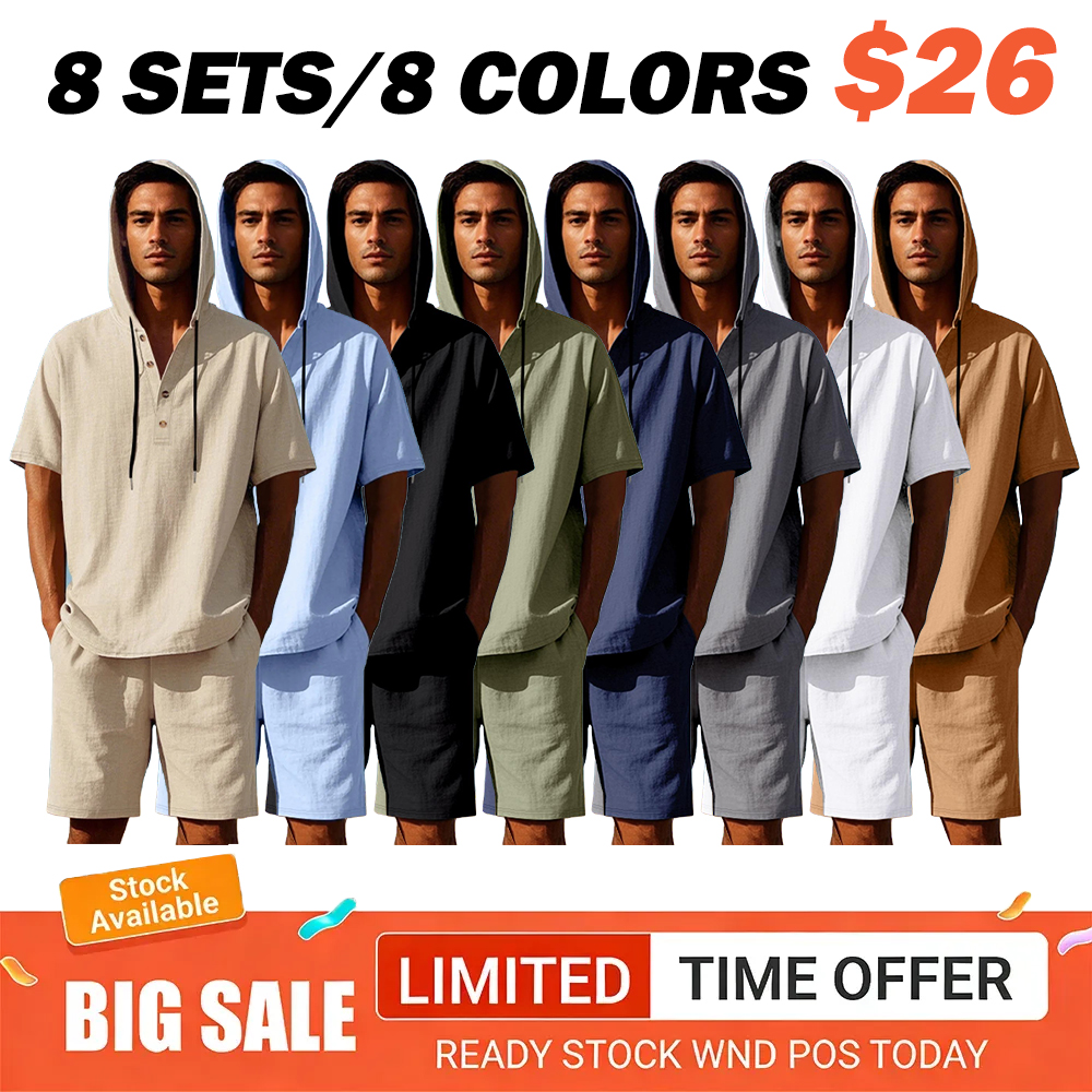 Men's Lightweight Linen Short Sleeve Hooded Henley Shirt & Short 2-Piece Set