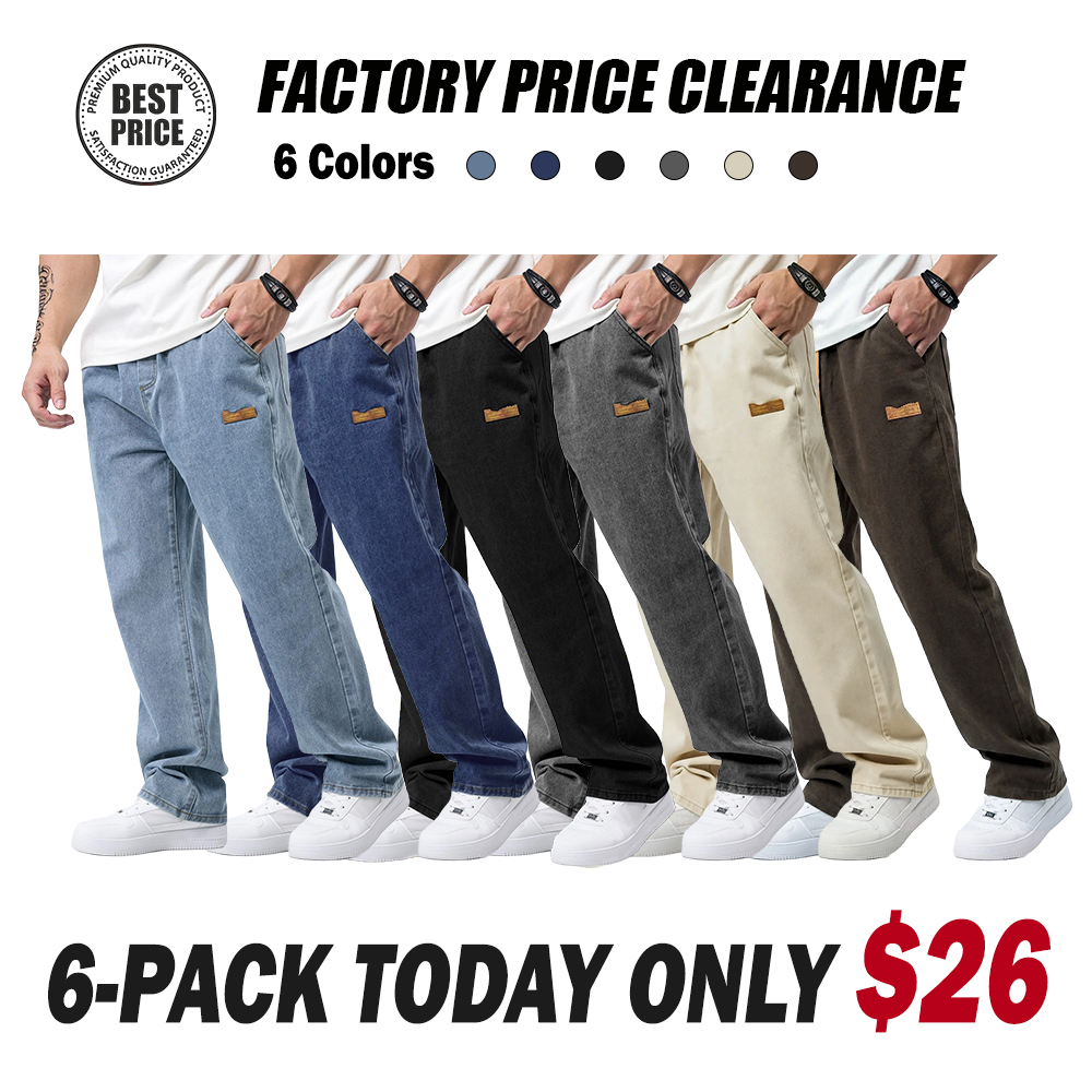 Men's Drawstring Waist Straight-Cut Jeans Washed Vintage Denim Pants