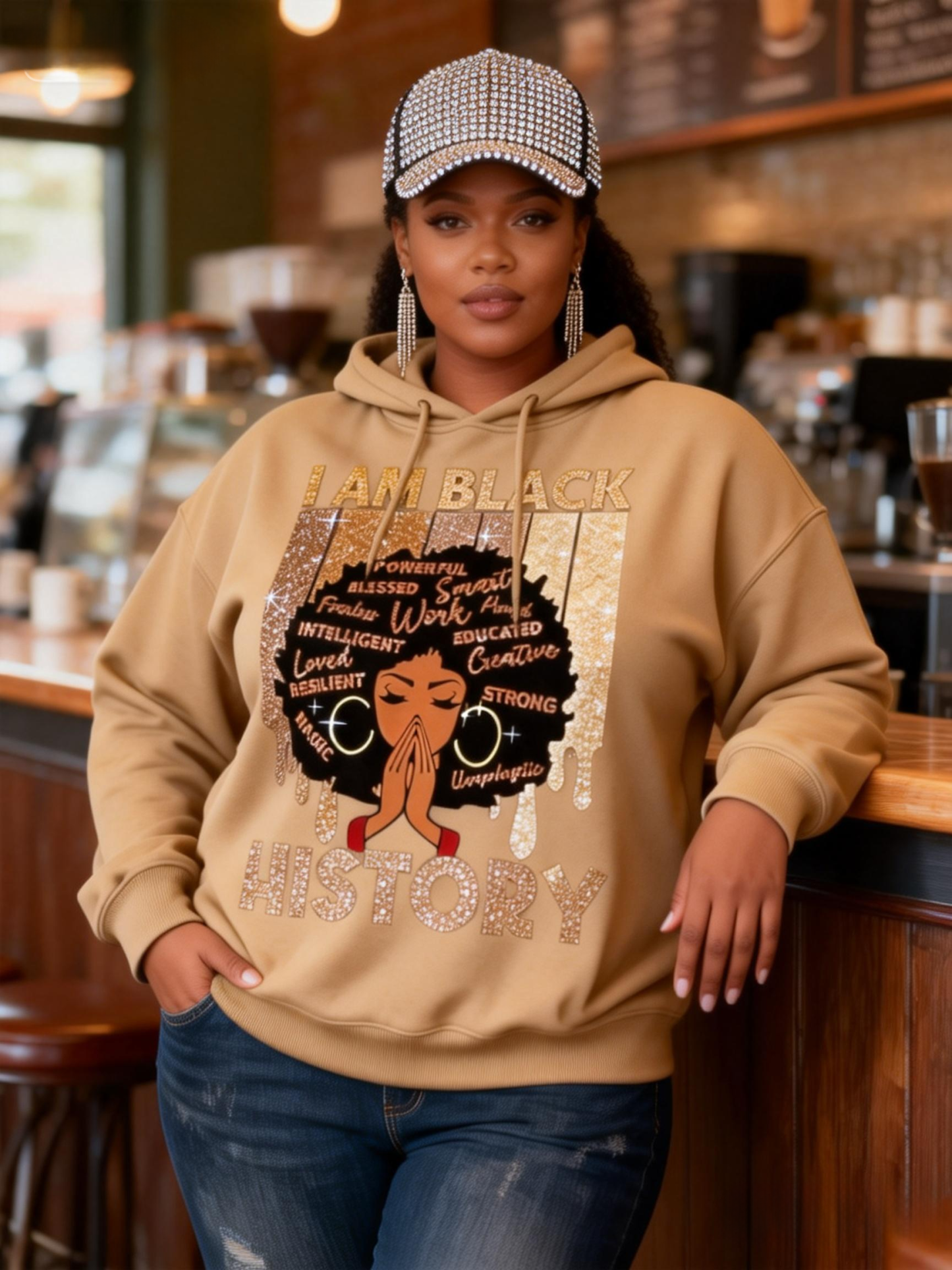 “I Am Black History” Glitter Graphic Long Sleeve Hoodie