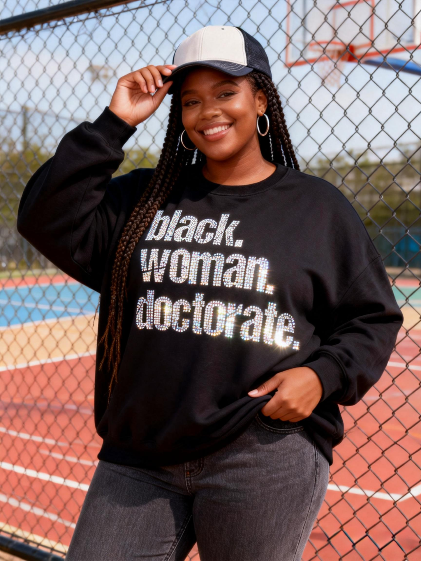Black Woman Doctorate Rhinestone Graphic Oversized Crewneck Sweatshirt 