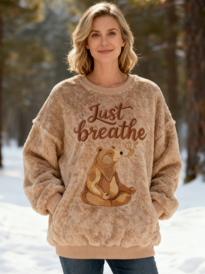 "Just Breathe" Lettering Beige Flannel Sweatshirt with Meditating Bear Embroidery Soft Fleece Oversized Pullover