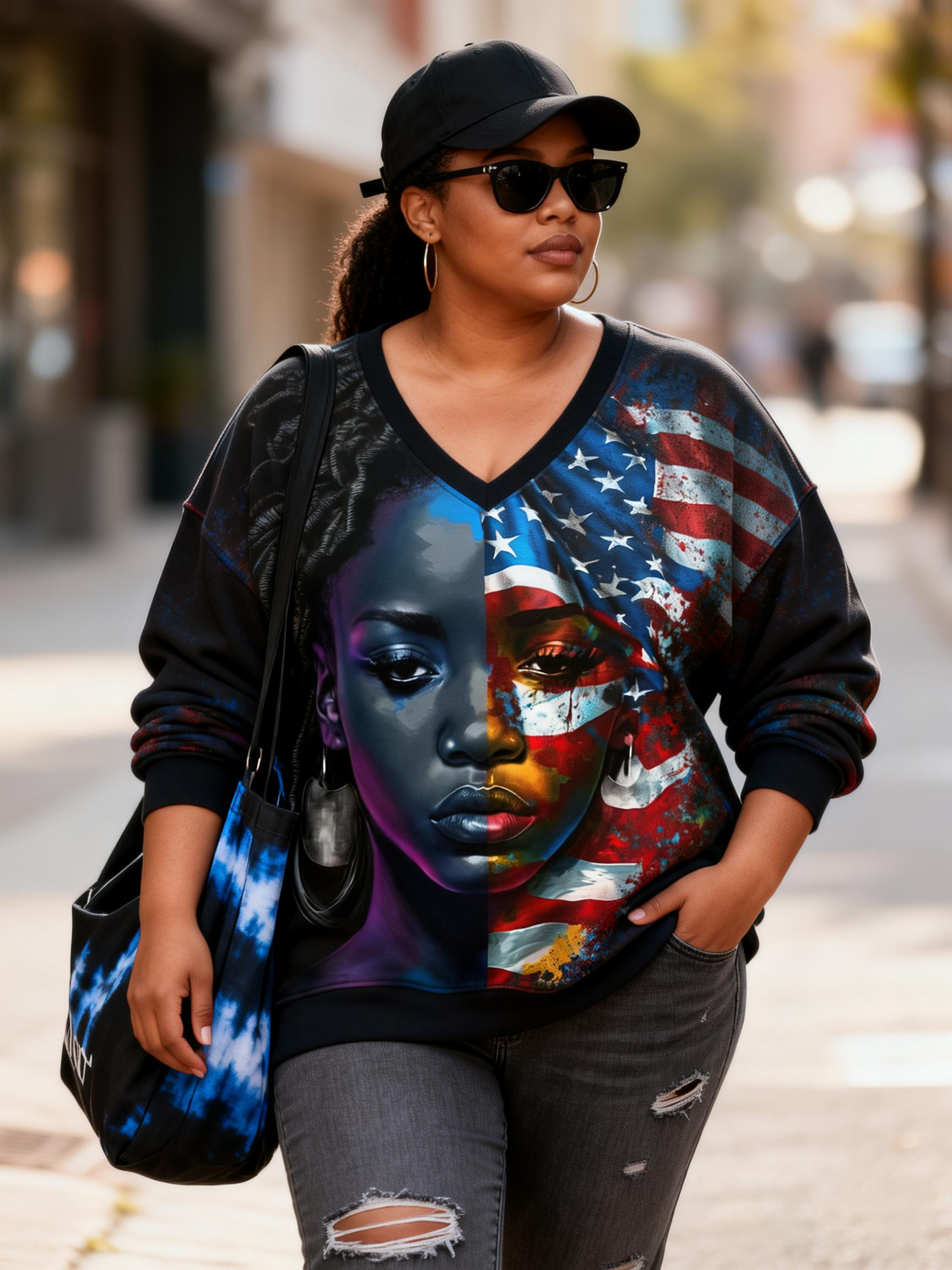 Flag Black Woman Graphic Patriotic Art Print Oversized V-Neck Sweatshirt 