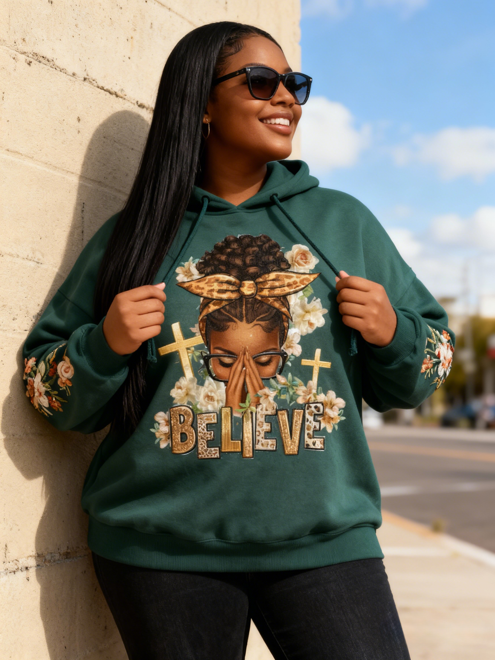 "Believe" Floral & Cross Graphic Hoodie 