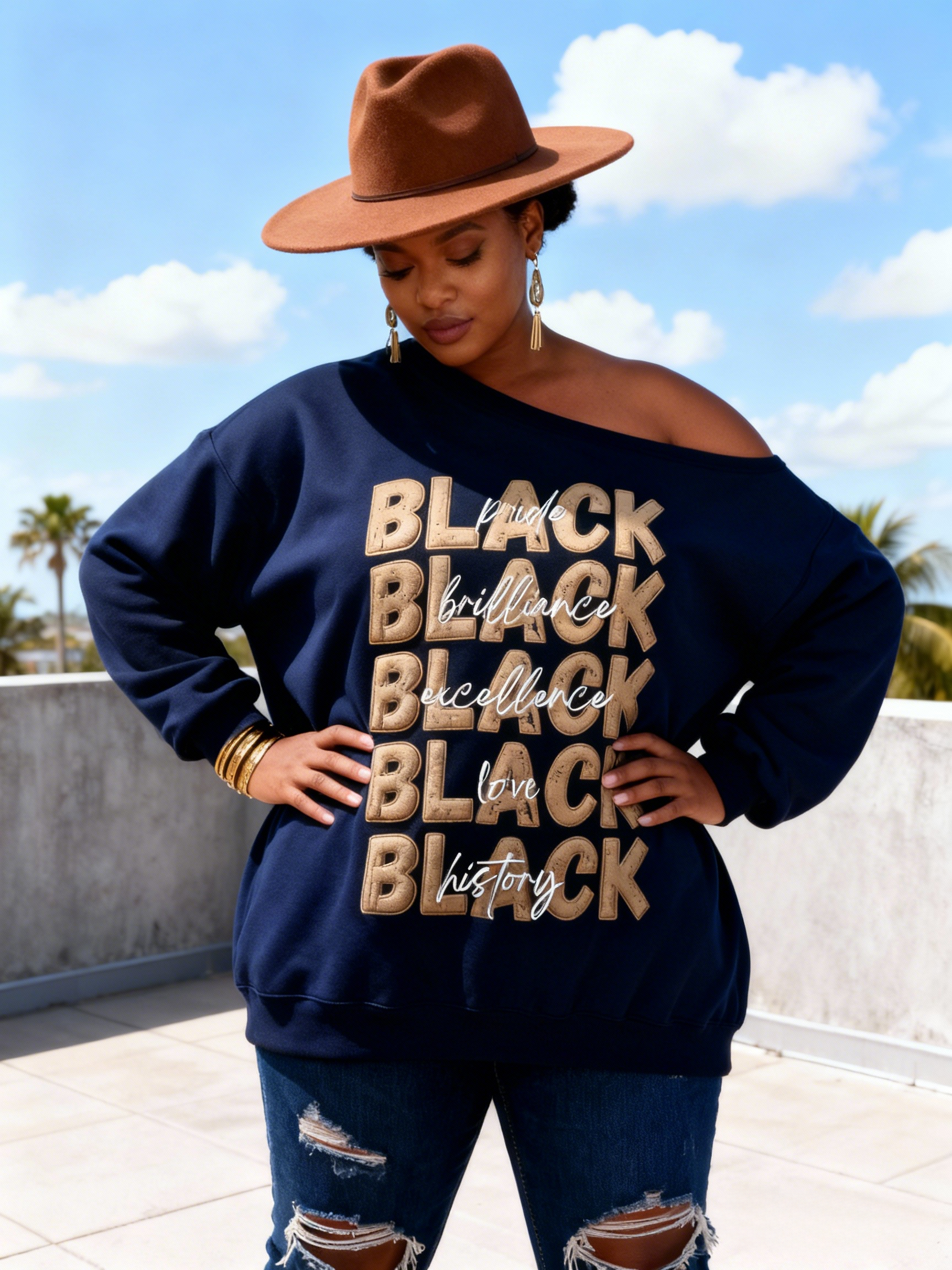Black Pride Brilliance Excellence Graphic Off-Shoulder Oversized Sweatshirt 