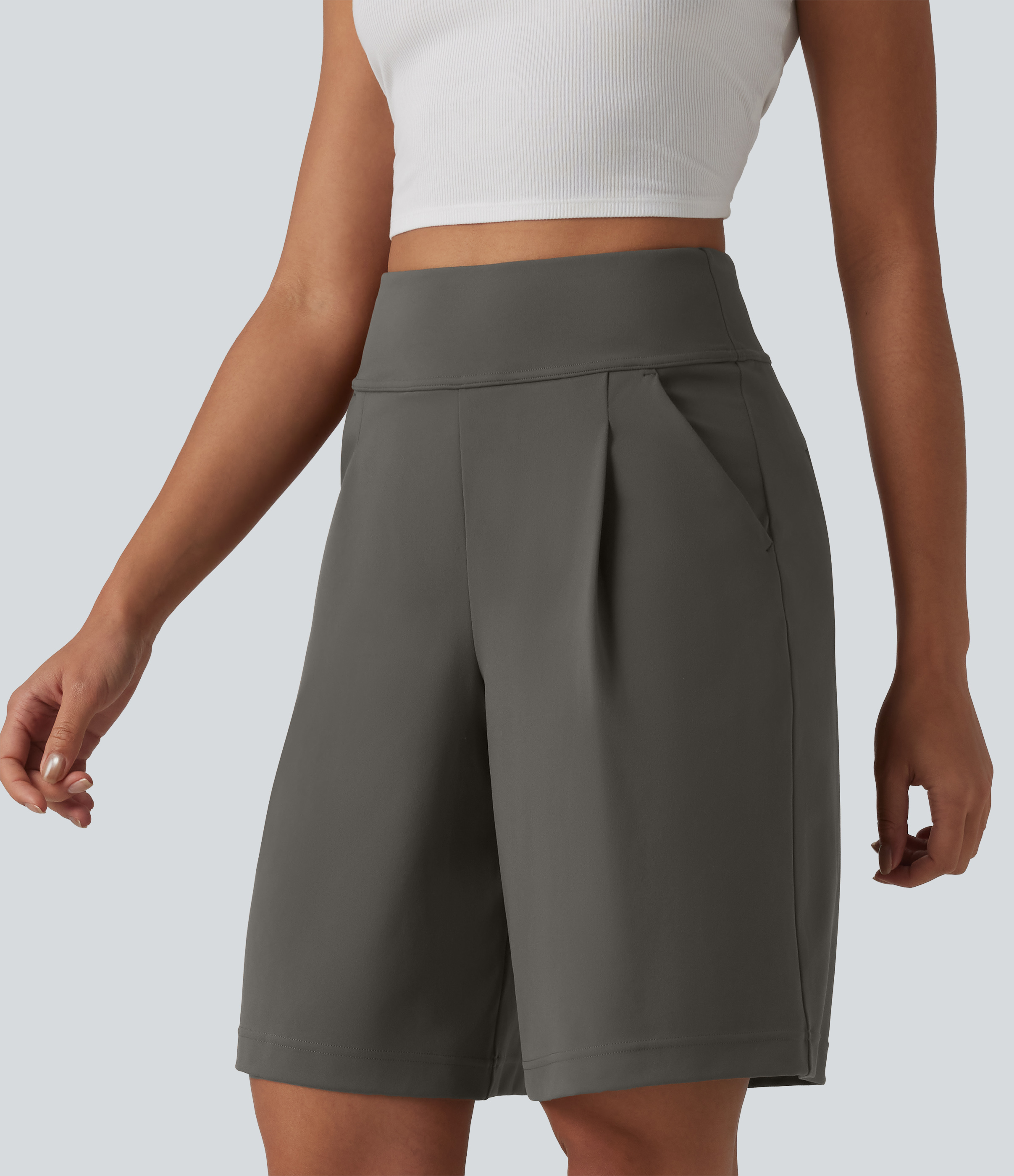 DayStretch High Waisted Pleated Work Bermuda Shorts 10'' with Pockets