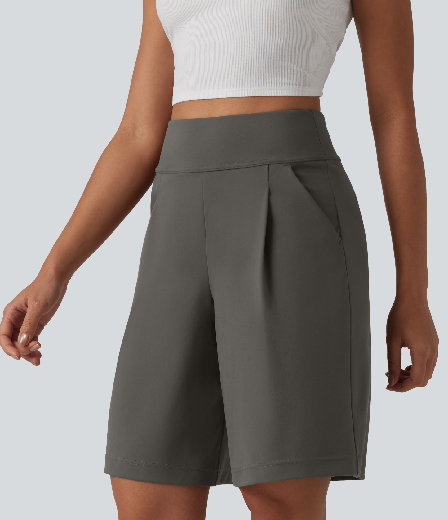 DayStretch High Waisted Pleated Work Bermuda Shorts 10'' with Pockets