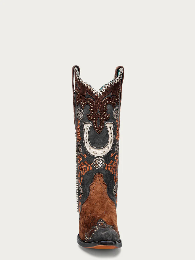 A4863 - WOMEN'S HONEY HORSESHOE OVERLAY EMBROIDERY STUDS HANDWOVEN SNIP TOE COWBOY BOOT
