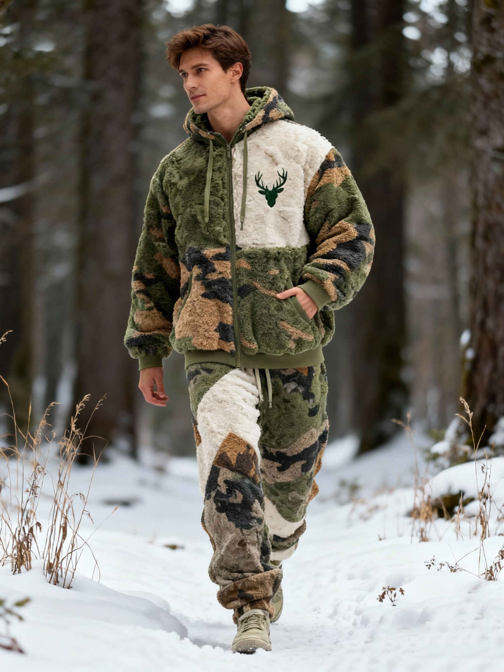 Men's Retro Camouflage And Deer Pattern Plush Warm Zip-up Jacket