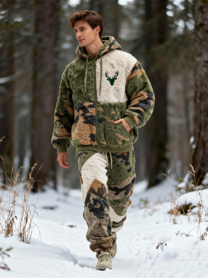 Men's Retro Camouflage And Deer Pattern Plush Warm Zip-up Jacket