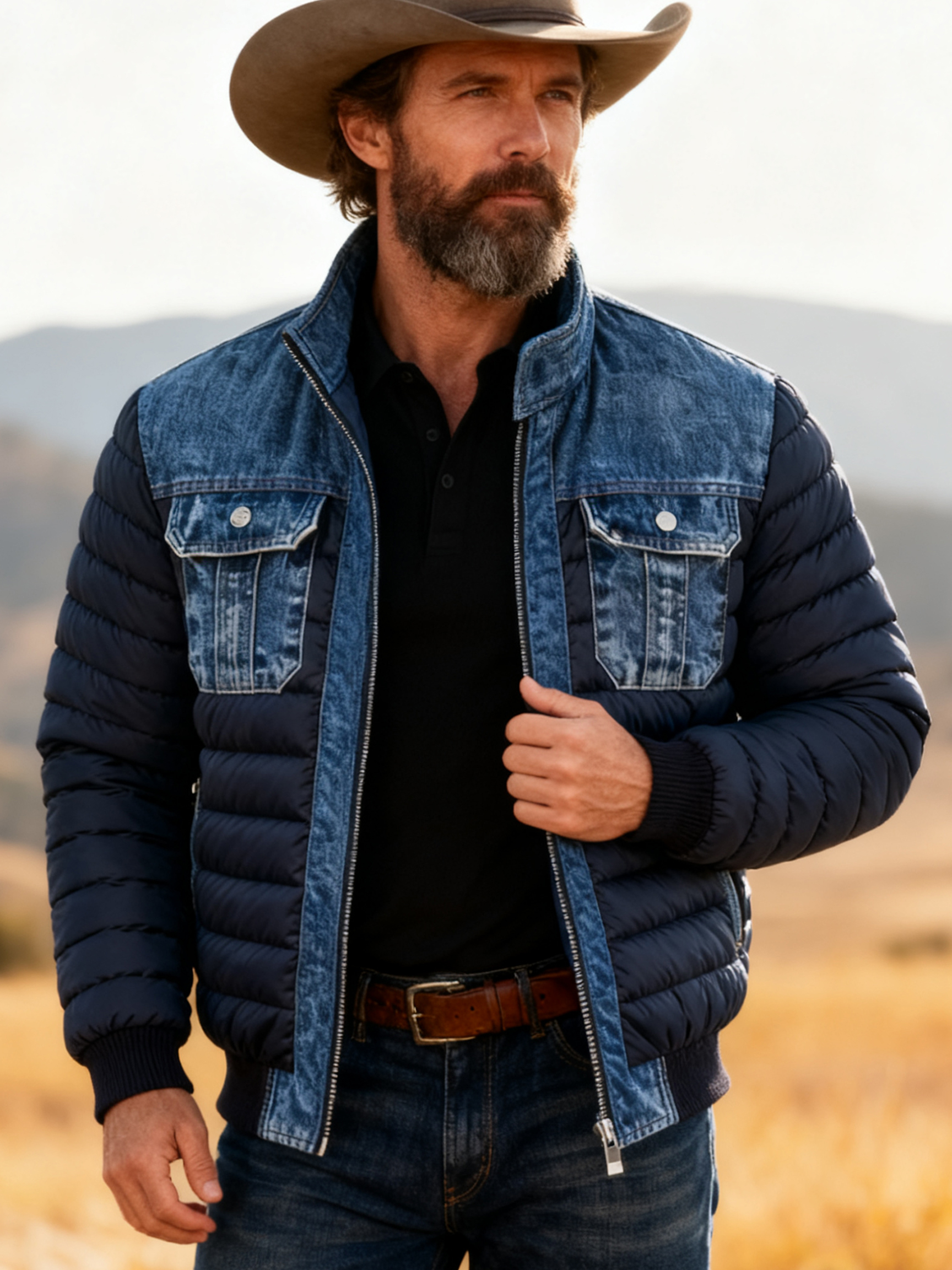 Men'S Vintage Denim Patchwork Outdoor Jacket Cotton Coat