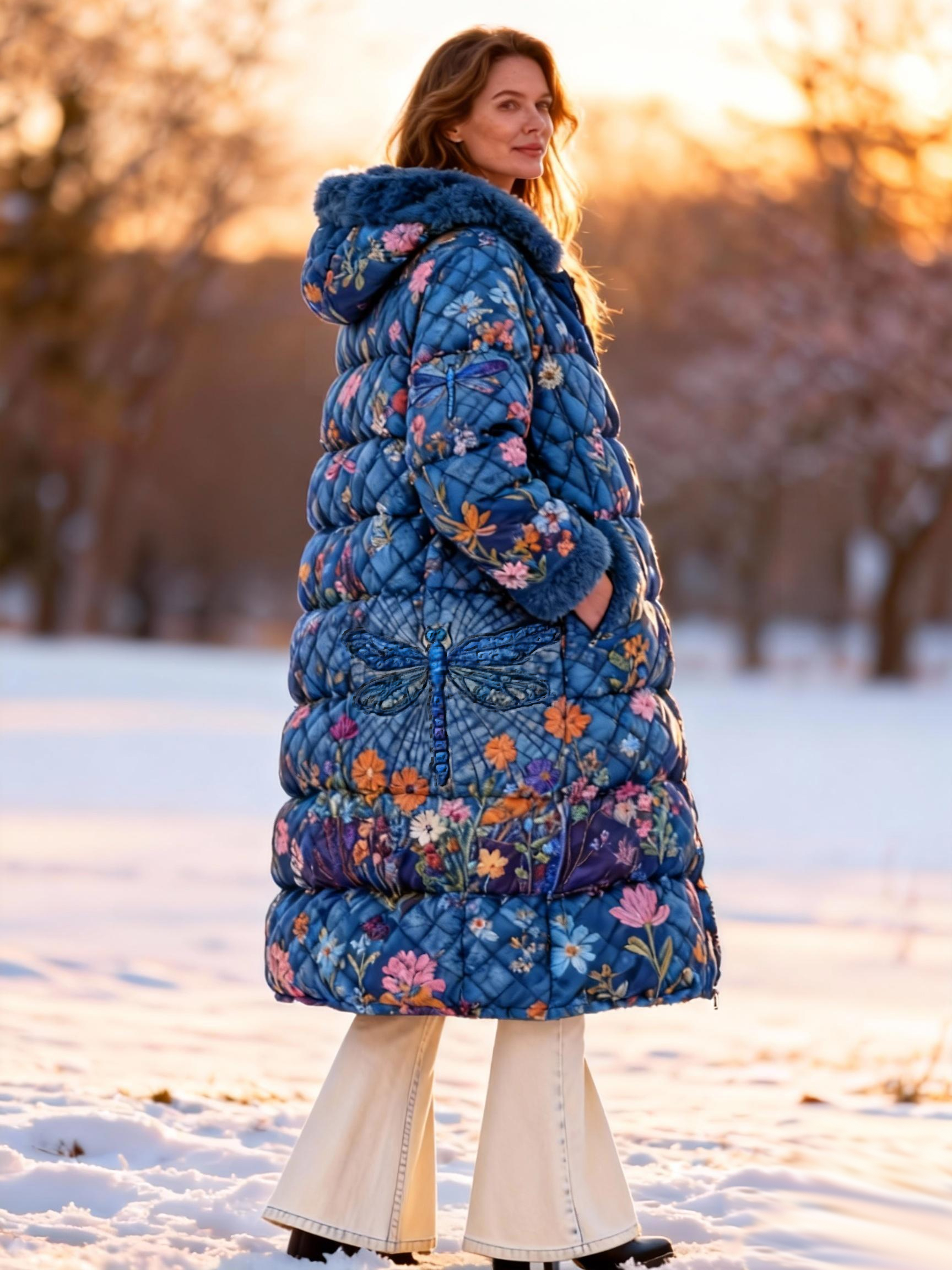 Hippie Dragonfly Floral Faux Fur Trim Warm Coat Fleece-Lined Long Hooded Quilted Jacket