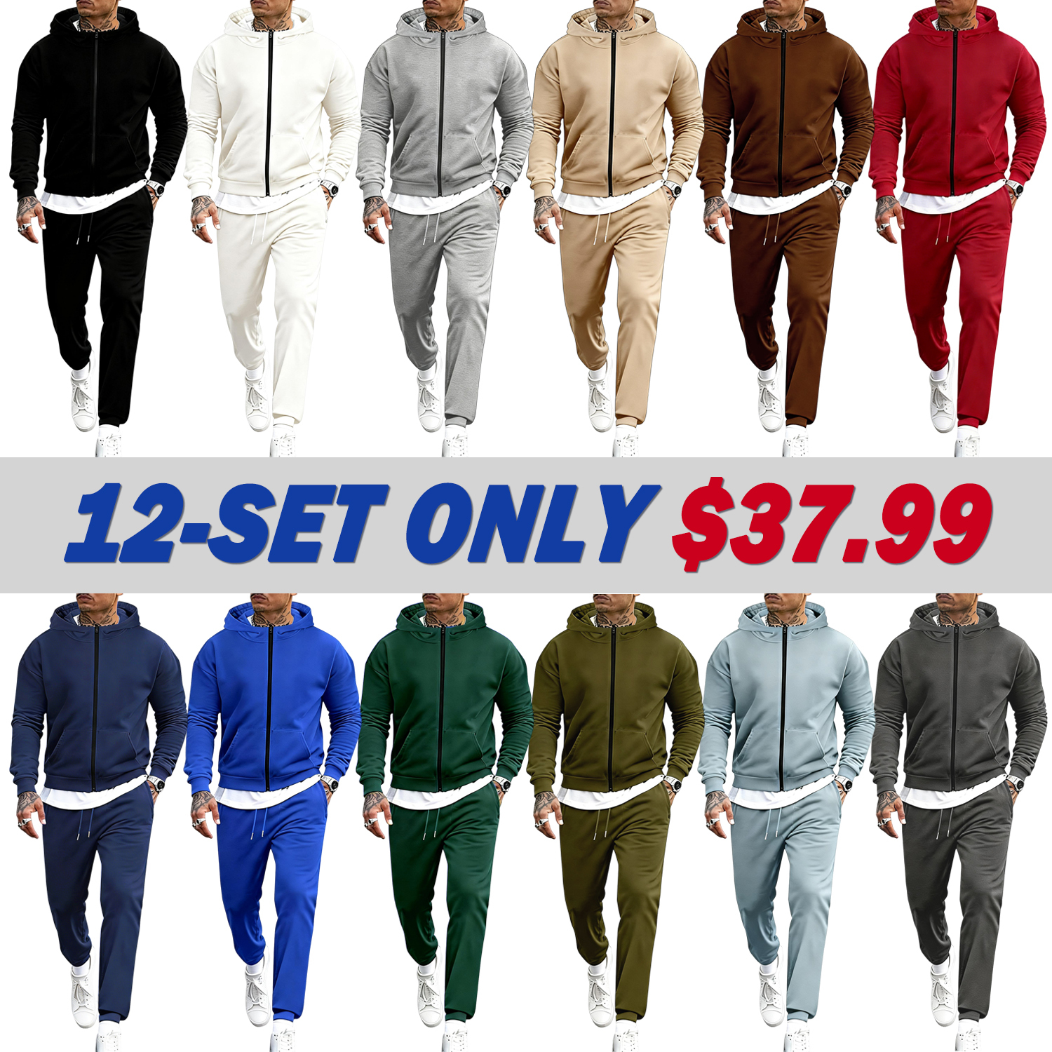 🔥Men's Tracksuits 2 Piece Outfits Long Sleeve Full Zip Hoodie and Sweatpants Jogging