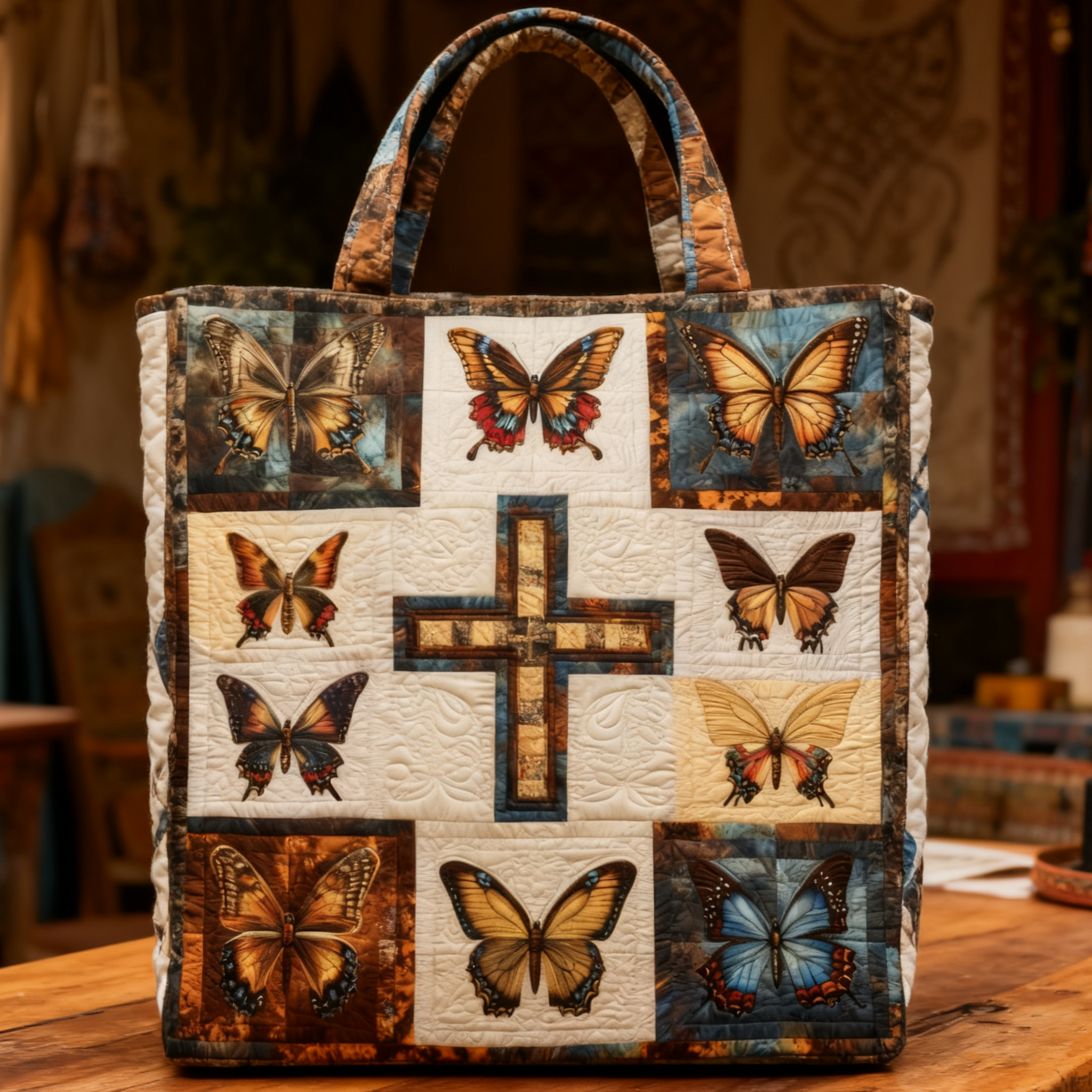 Cross Faith Butterfly Quilted Tote Bag
