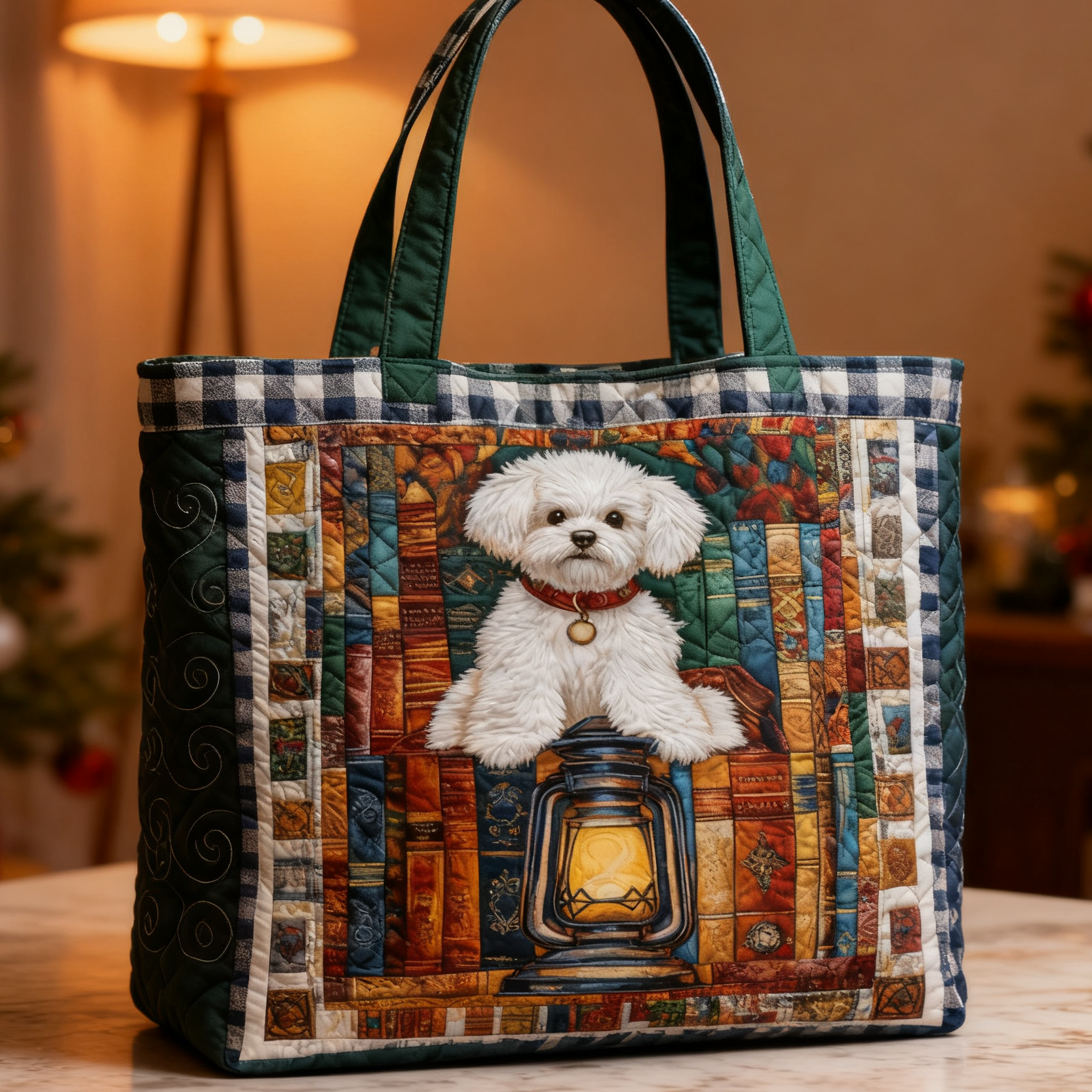 Vintage Puppy Under The Light Quilted Tote Bag