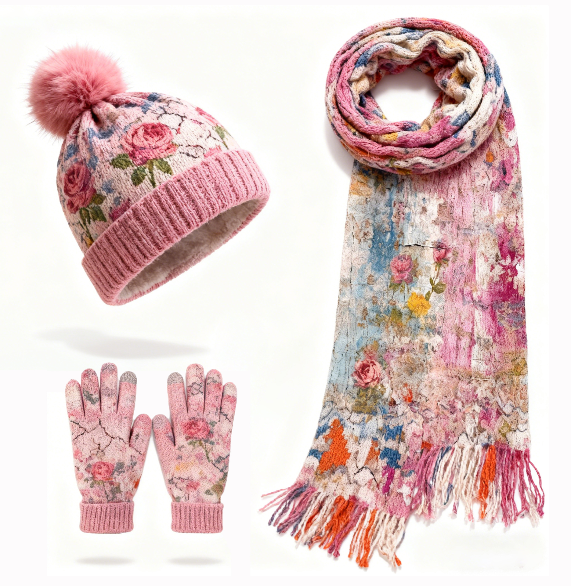 Womens Watercolor Floral 3Pcs Knit Hat Long Scarf and Touchscreen Gloves Set Fleece Lined Pom Pom Beanie Winter Gift 