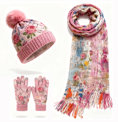 Womens Watercolor Floral 3Pcs Knit Hat Long Scarf and Touchscreen Gloves Set Fleece Lined Pom Pom Beanie Winter Gift 