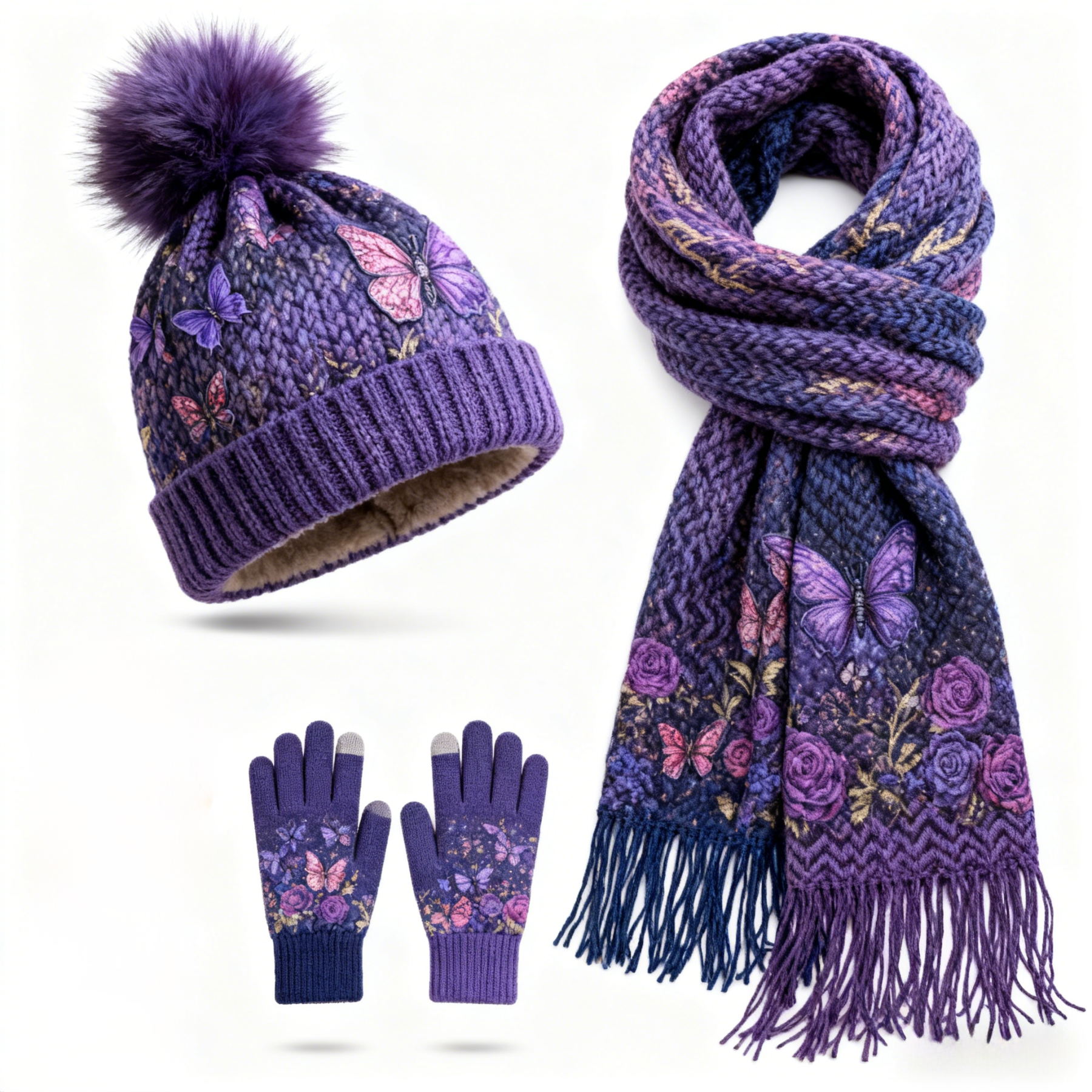 Womens Purple Butterfly & Rose Pattern 3Pcs Knit Hat Long Scarf and Touchscreen Gloves Set Fleece Lined Pom Pom Beanie Winter Gift 