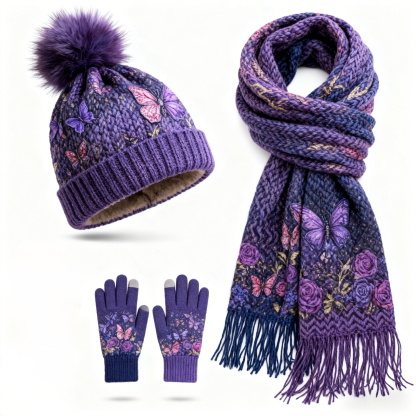 Womens Purple Butterfly & Rose Pattern 3Pcs Knit Hat Long Scarf and Touchscreen Gloves Set Fleece Lined Pom Pom Beanie Winter Gift 