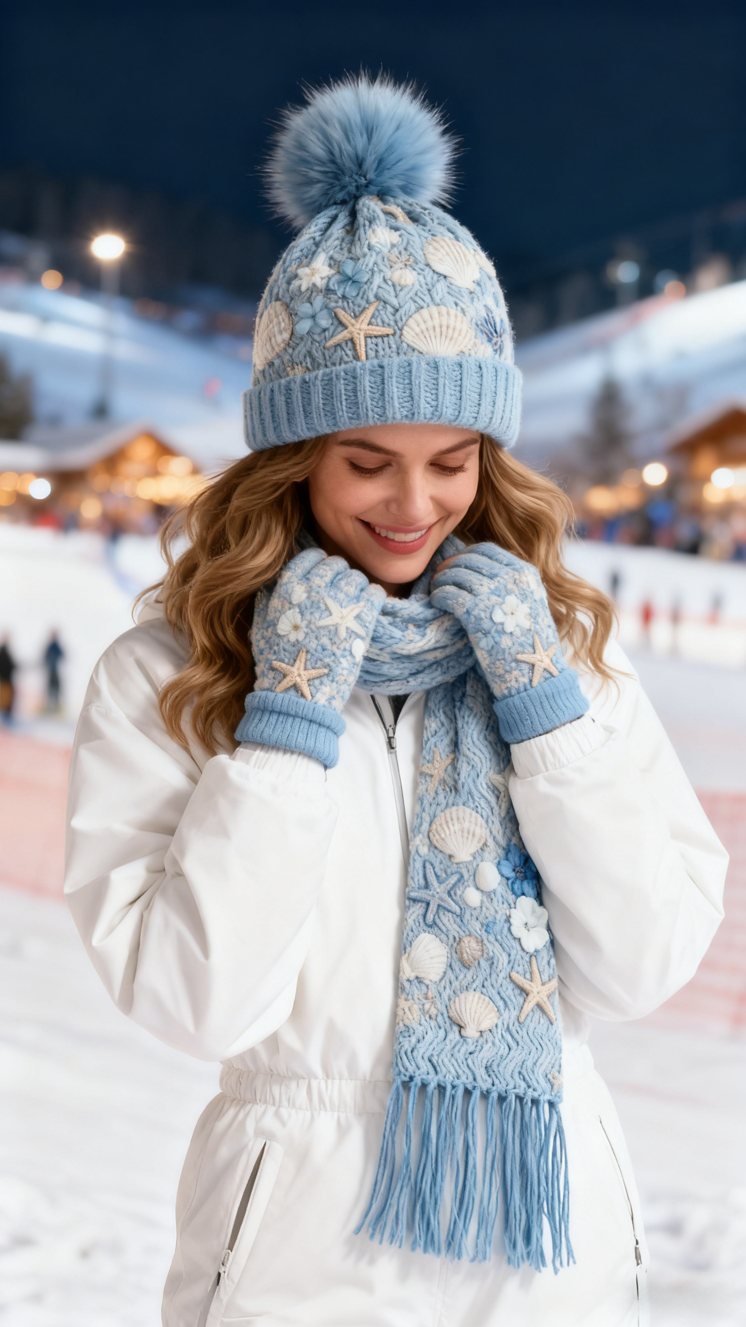 Womens Nautical Starfish & Seashell 3Pcs Knit Hat Long Scarf and Touchscreen Gloves Set Fleece Lined Pom Pom Beanie Winter Gift 