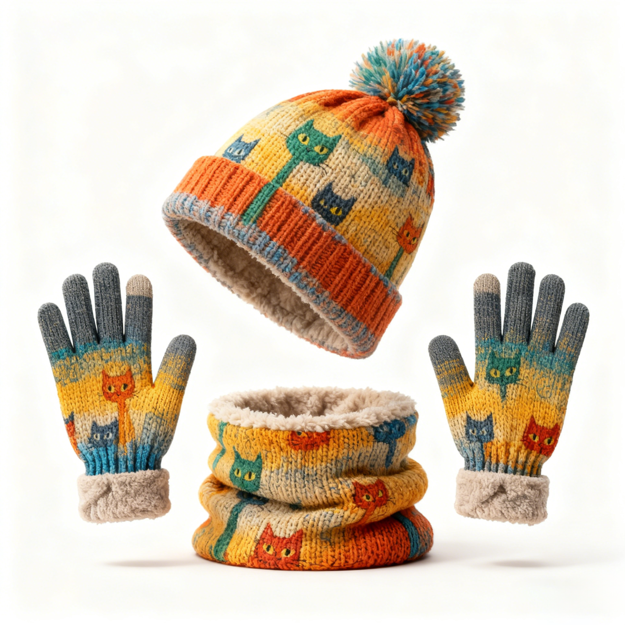 Womens Hippie Cat 3pcs Knit Hat Neck Scarf  & Touchscreen Gloves Set Neck Gaiter Fleece Lined Pom Pom Beanie Winter Gift 