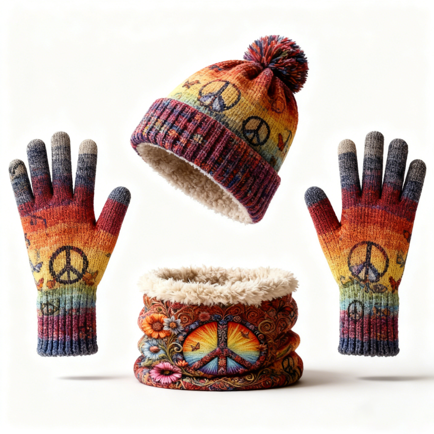 Womens Hippie Peace Pattern 3pcs Knit Hat Neck Scarf  & Touchscreen Gloves Set Neck Gaiter Fleece Lined Pom Pom Beanie Winter Gift 