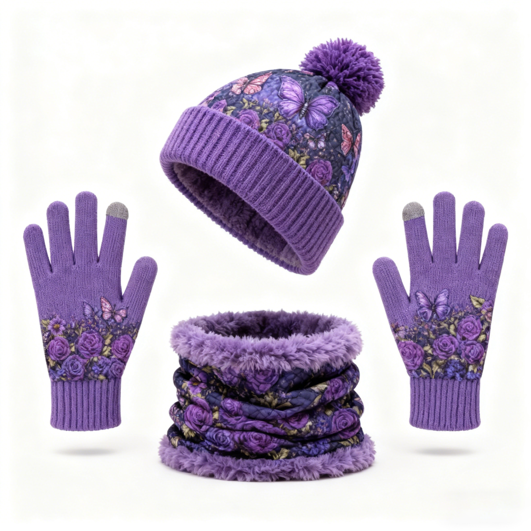 Womens Purple Butterfly & Rose 3pcs Knit Hat Neck Scarf  & Touchscreen Gloves Set Neck Gaiter Fleece Lined Pom Pom Beanie Winter Gift 