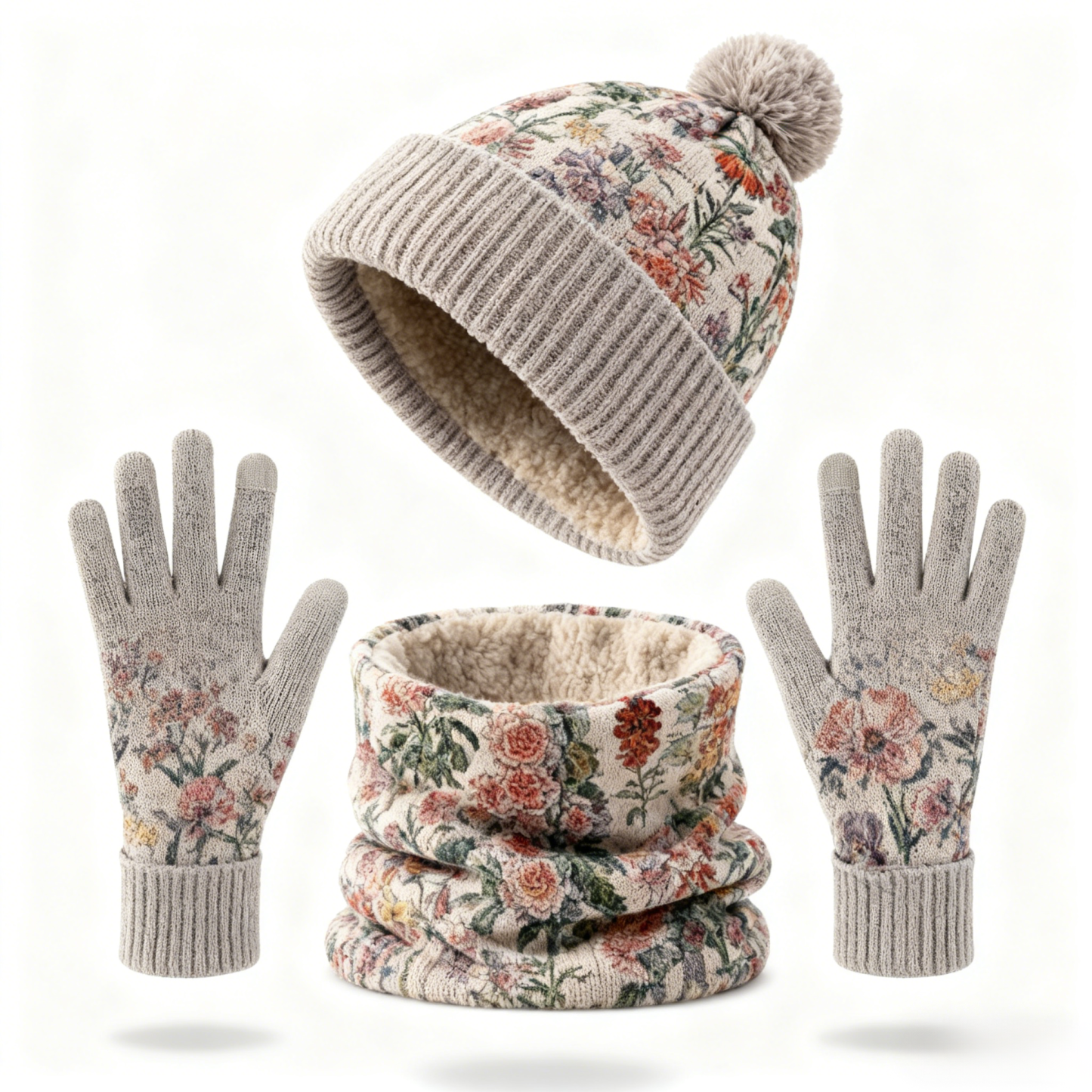 Womens Vintage Floral 3pcs Knit Hat Neck Scarf  & Touchscreen Gloves Set Neck Gaiter Fleece Lined Pom Pom Beanie Winter Gift 