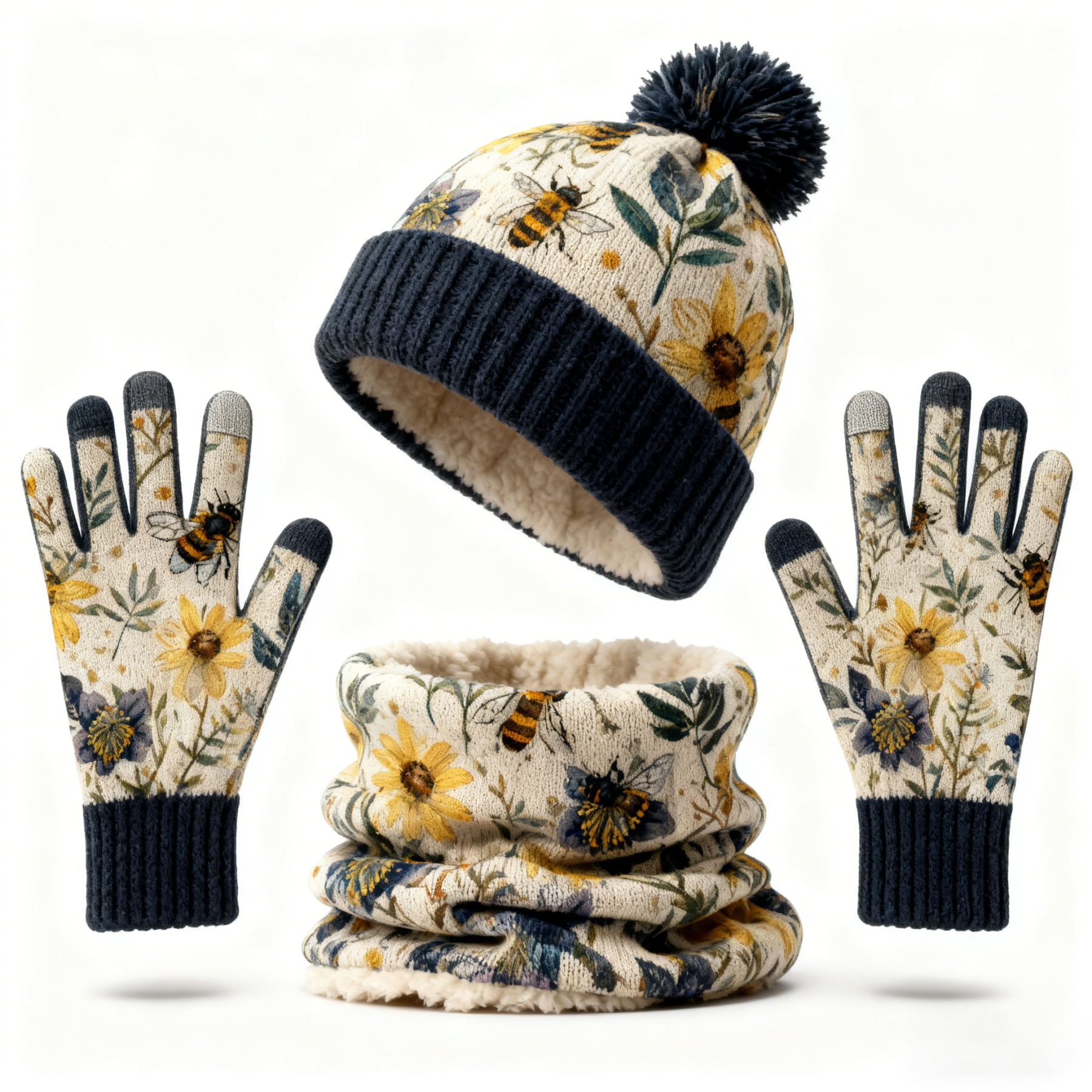 Womens Bee & Sunflower Knit Hat Neck Scarf  & Touchscreen Gloves Set Neck Gaiter Fleece Lined Pom Pom Beanie Winter Gift 