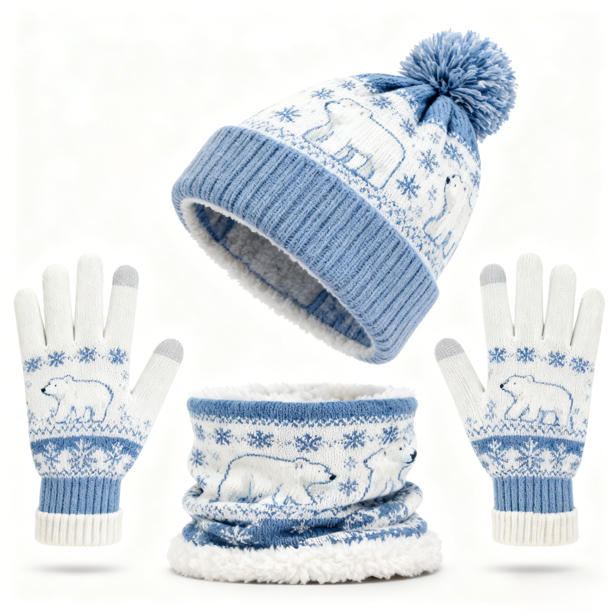 Womens Polar Bear & Snowflake 3pcs Knit Hat Neck Scarf  & Touchscreen Gloves Set Neck Gaiter Fleece Lined Pom Pom Beanie Winter Gift 