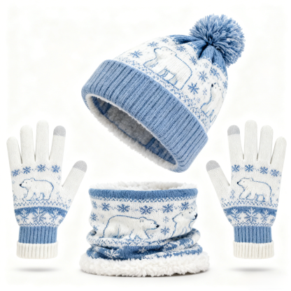 Womens Polar Bear & Snowflake 3pcs Knit Hat Neck Scarf  & Touchscreen Gloves Set Neck Gaiter Fleece Lined Pom Pom Beanie Winter Gift 