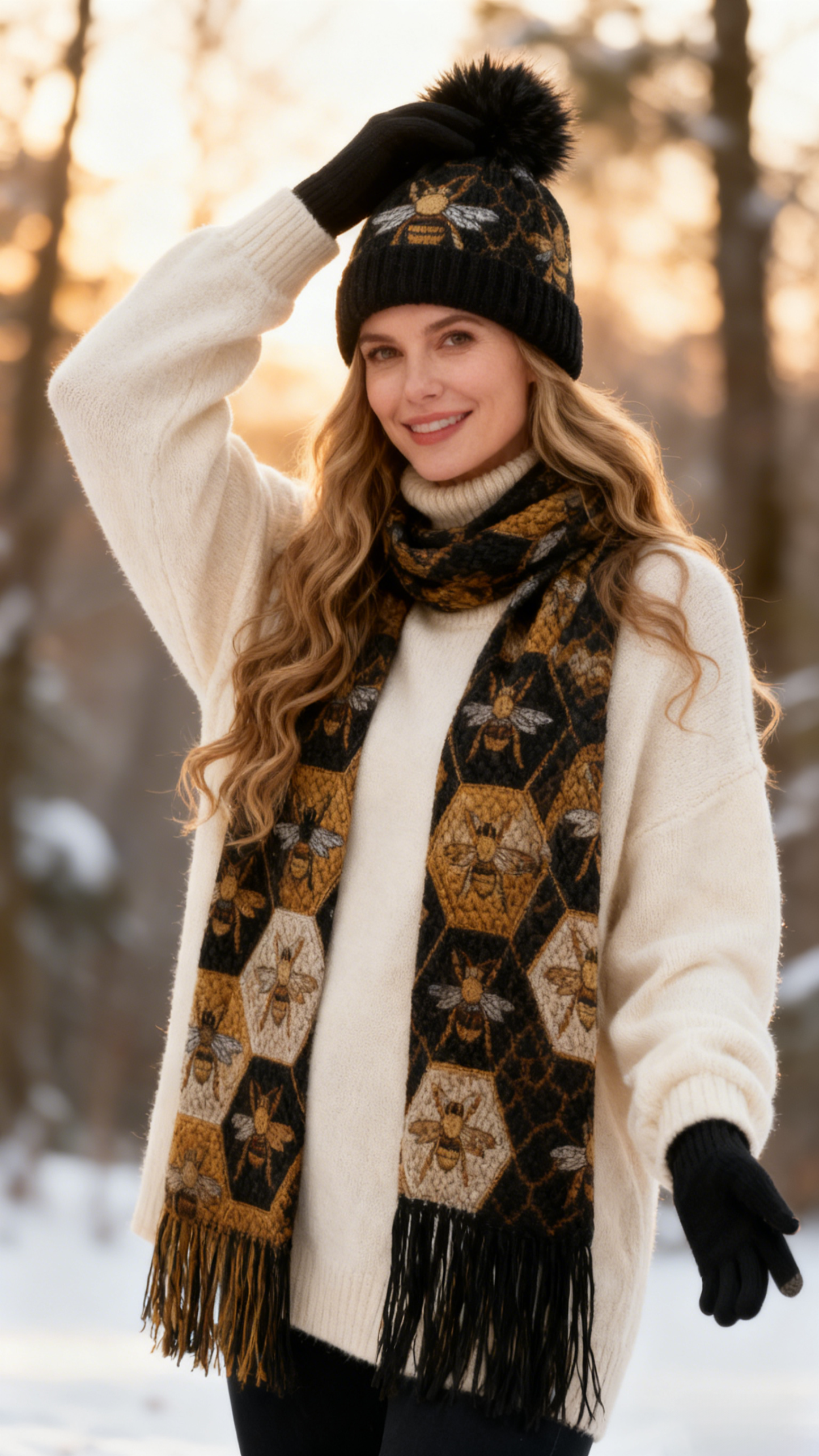 Womens Vintage Honeycomb Bee 3Pcs Knit Hat Long Scarf and Touchscreen Gloves Set Fleece Lined Pom Pom Beanie Winter Gift 