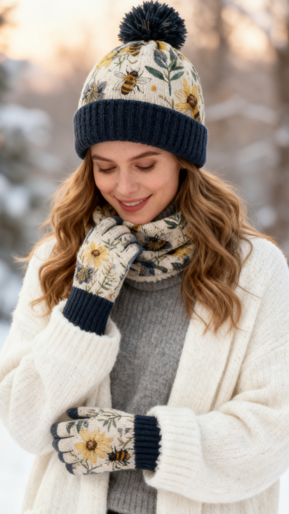 Womens Bee & Sunflower 3pcs Knit Hat Neck Scarf  & Touchscreen Gloves Set Neck Gaiter Fleece Lined Pom Pom Beanie Winter Gift 