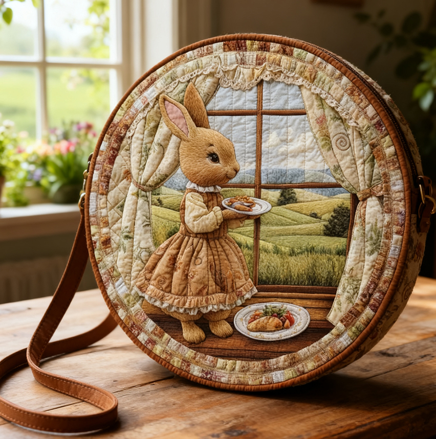 Vintage Bunny Tea Time Quilted Circle Crossbody Bag