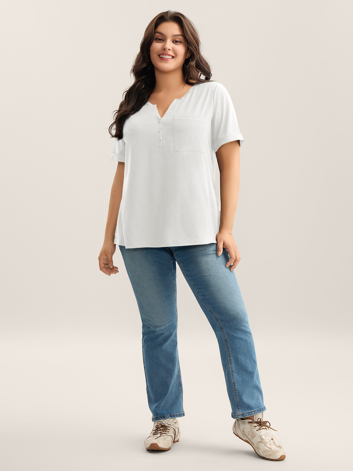 Solid Split Neck Button Detail T-Shirt