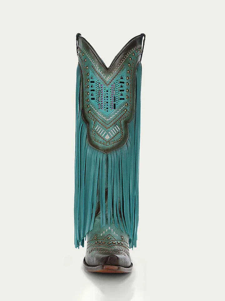Turquoise Distressed Snip Toe Fringe Studded Wide Calf Cowgirl Boots