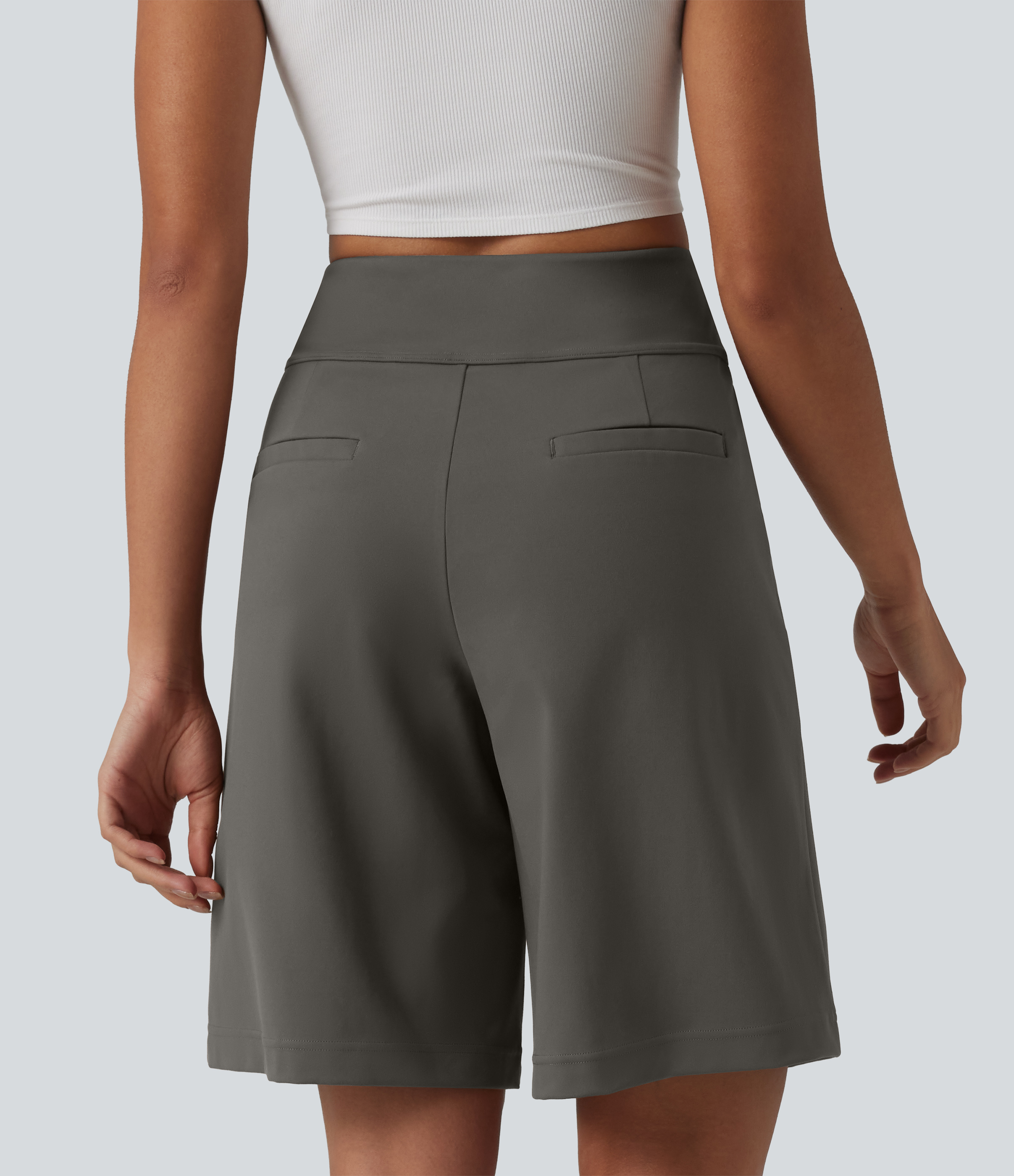 DayStretch High Waisted Pleated Work Bermuda Shorts 10'' with Pockets